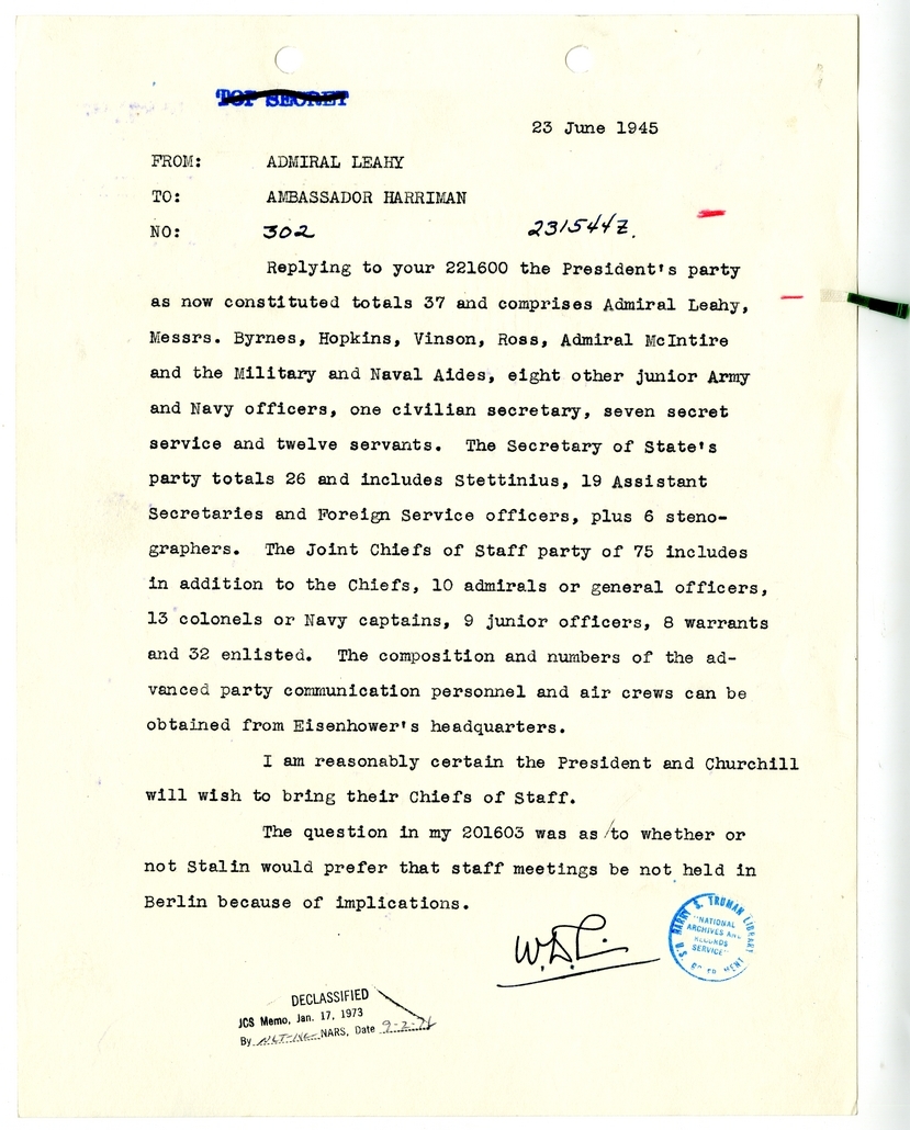 Cable from Admiral William Leahy to Ambassador W. Averell Harriman [NR 302]