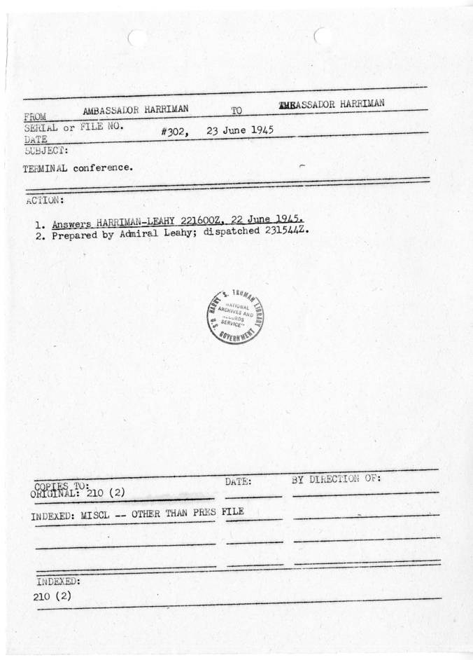 File Memo for Correspondence from Admiral William Leahy to Ambassador Averell Harriman