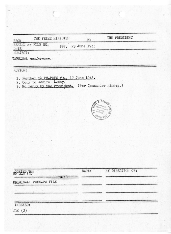 File Memo for Correspondence from Prime Minister Winston Churchill to President Harry S. Truman