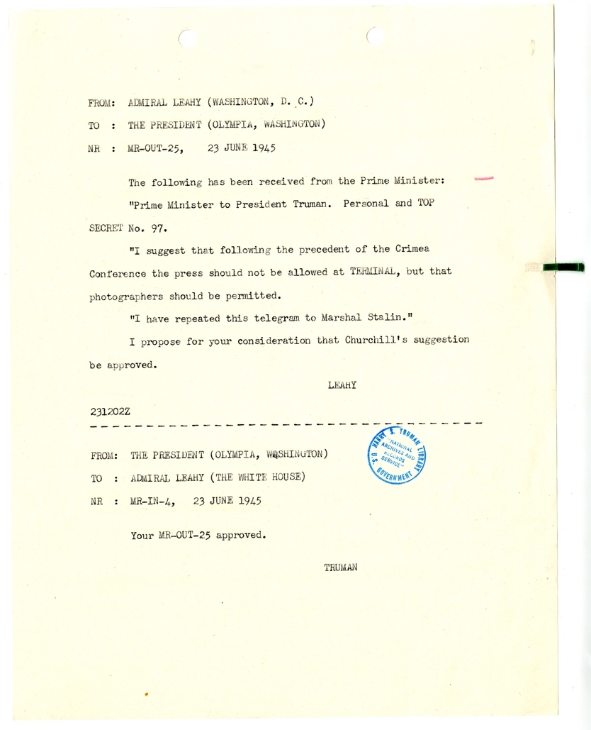 Cable from Admiral William Leahy to President Harry S. Truman [MR-OUT-25]