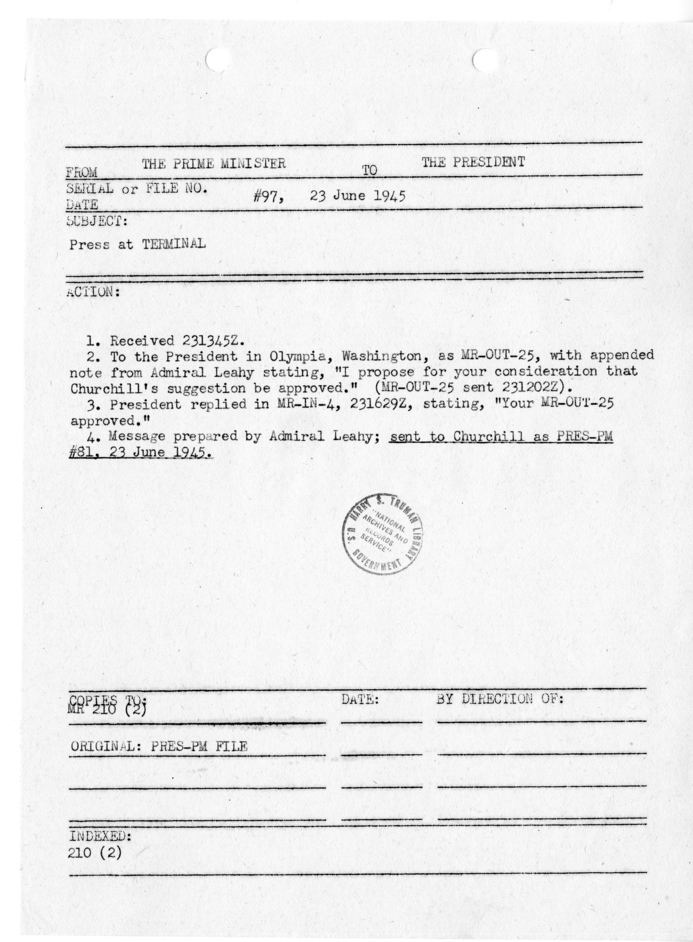 File Memo for Correspondence from Prime Minister Winston Churchill to President Harry S. Truman