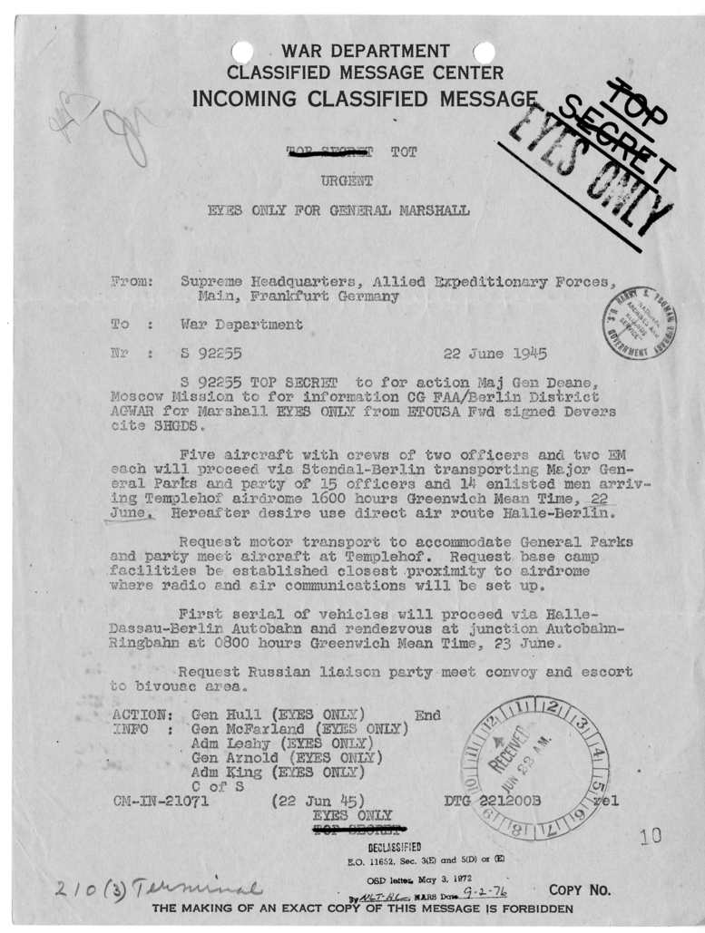 Telegram from Supreme Headquarters of Allied Expeditionary Forces in Frankfurt, Germany to the War Department