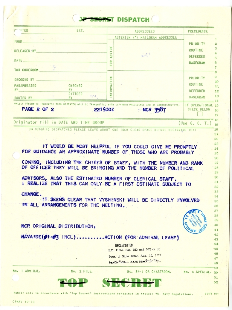 Cable from W. Averell Harriman to Admiral William Leahy