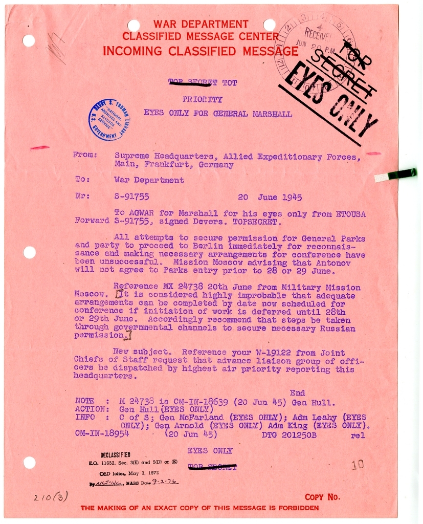 Cable from Supreme Headquarters of Allied Expeditionary Forces in Frankfurt, Germany to War Department