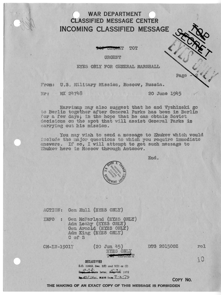 Message from U.S. Military Mission in Moscow, Russia to General George Marshall