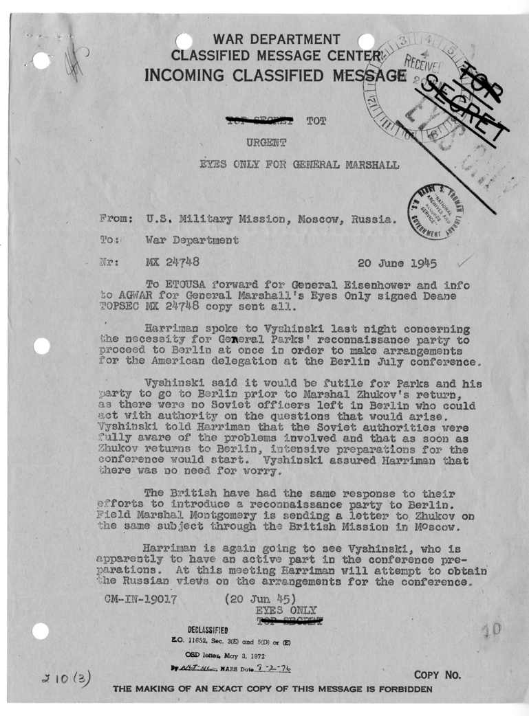 Message from U.S. Military Mission in Moscow, Russia to General George Marshall