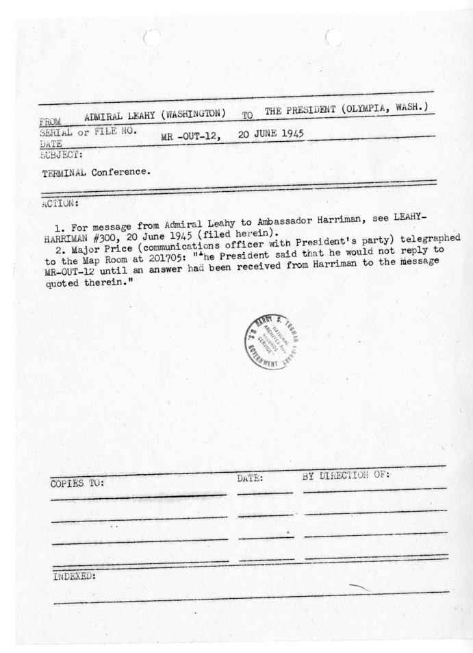 File Memo for Correspondence from Admiral William Leahy to President Harry S. Truman