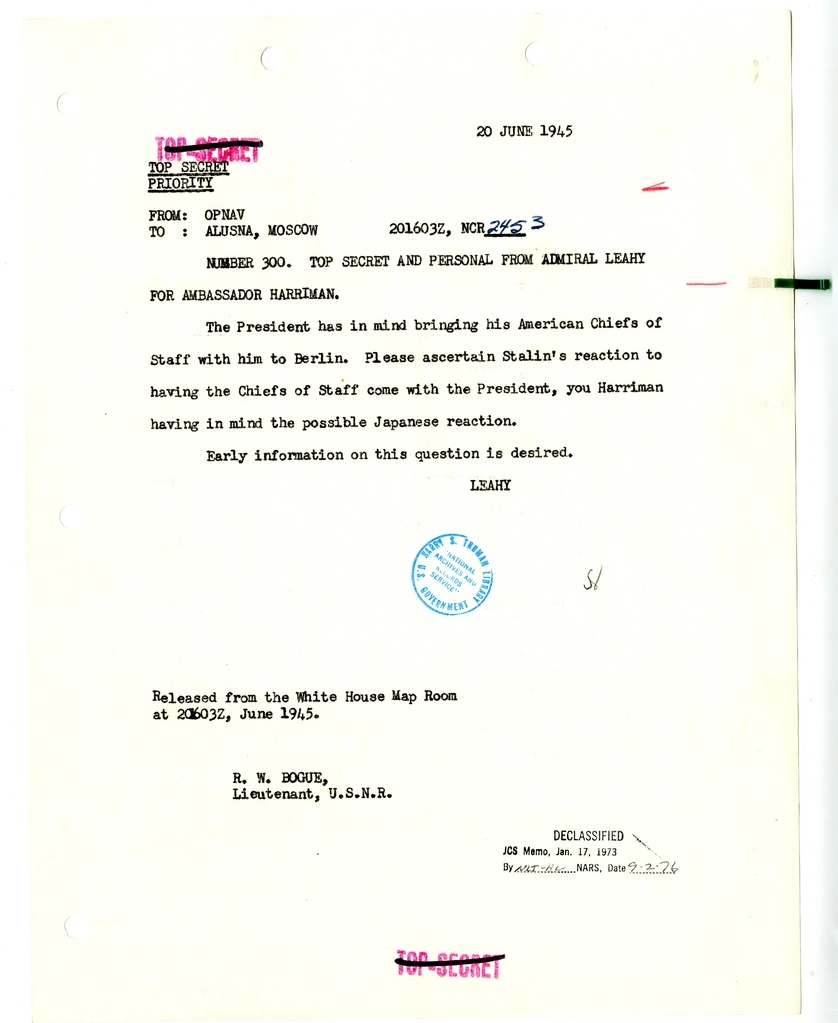 Cable from Admiral William Leahy to Ambassador W. Averell Harriman
