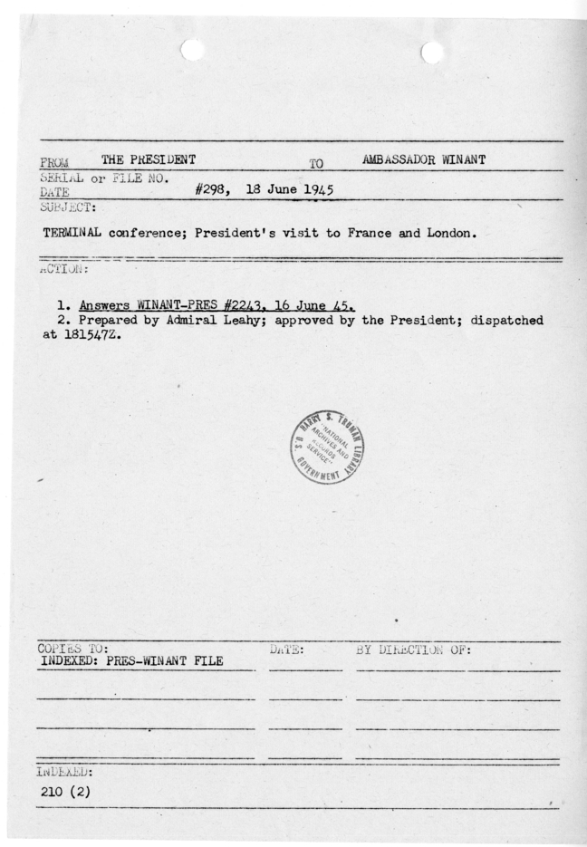 File Memo for Correspondence from President Harry S. Truman to Ambassador John Winant