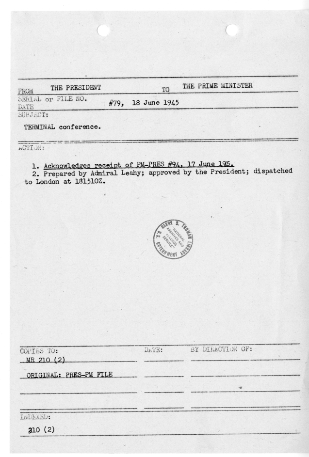 File Memo for Correspondence from President Harry S. Truman to Prime Minister Winston Churchill