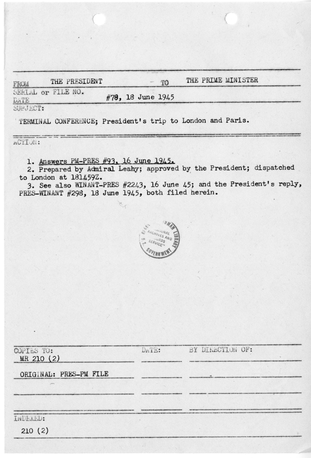 File Memo for Correspondence from President Harry S. Truman to Prime Minister Winston Churchill