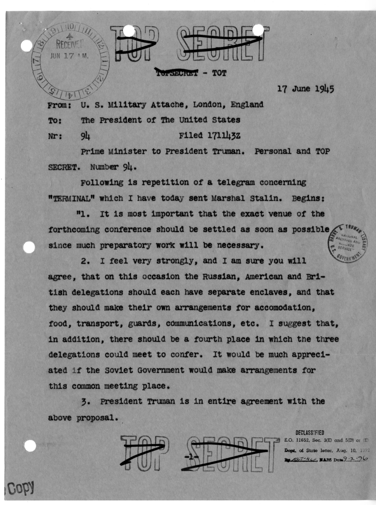 Cable from Prime Minister Winston Churchill to President Harry S. Truman [NR 94]
