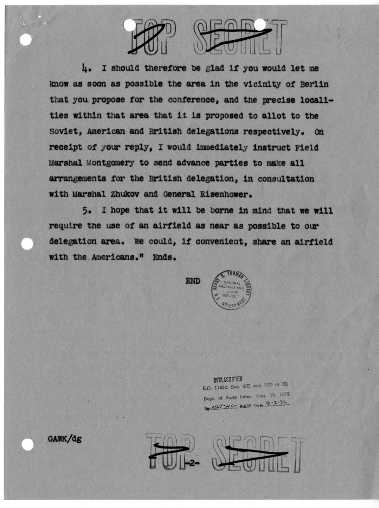 Cable from Prime Minister Winston Churchill to President Harry S. Truman [NR 94]