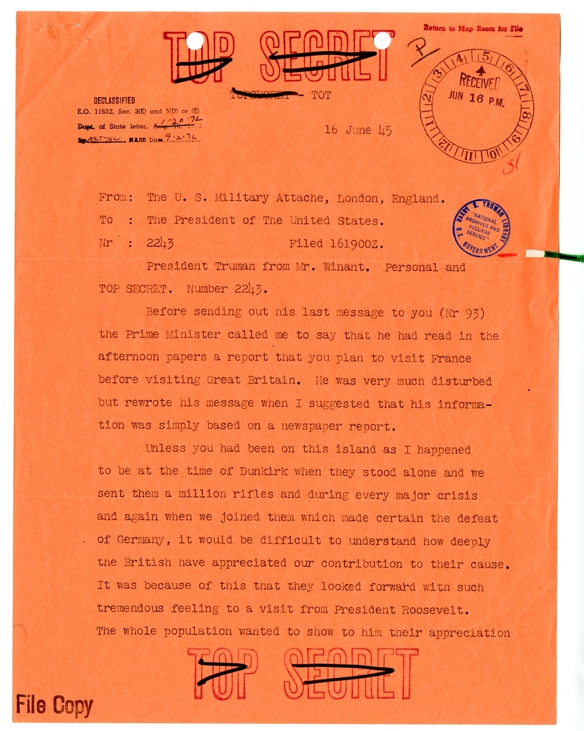 Cable from John Winant to President Harry S. Truman