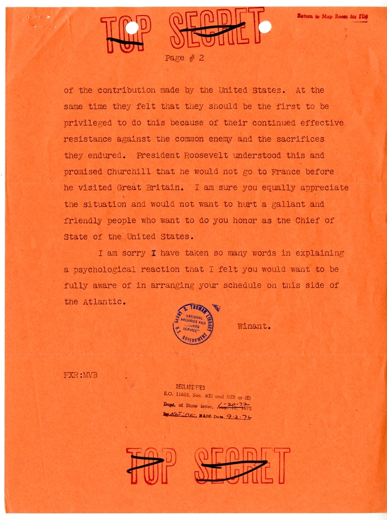 Cable from John Winant to President Harry S. Truman