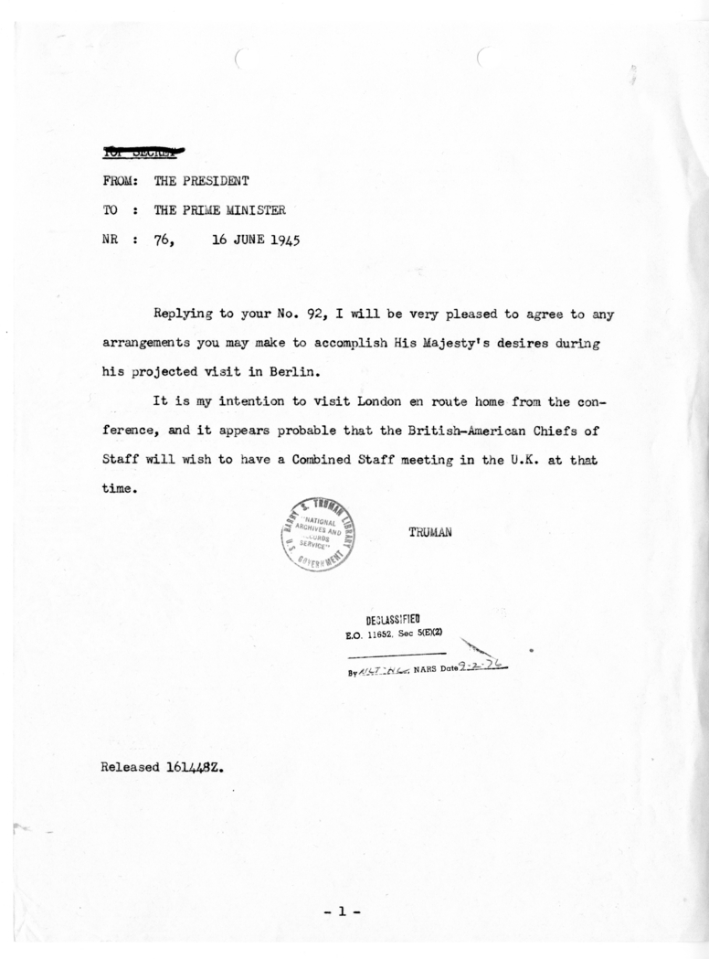 Cable from President Harry S. Truman to Prime Minister Winston Churchill [NR 76]