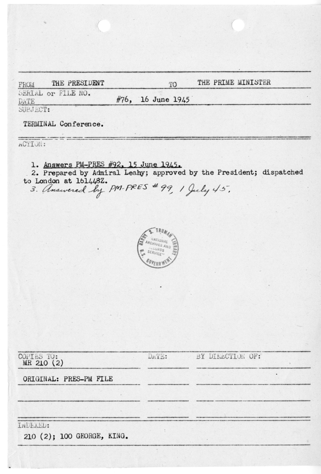 File Memo for Correspondence from President Harry S. Truman to Prime Minister Winston Churchill