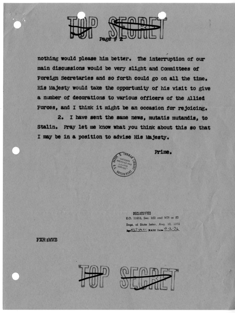 Cable from Prime Minister Winston Churchill to President Harry S. Truman [NR 92]