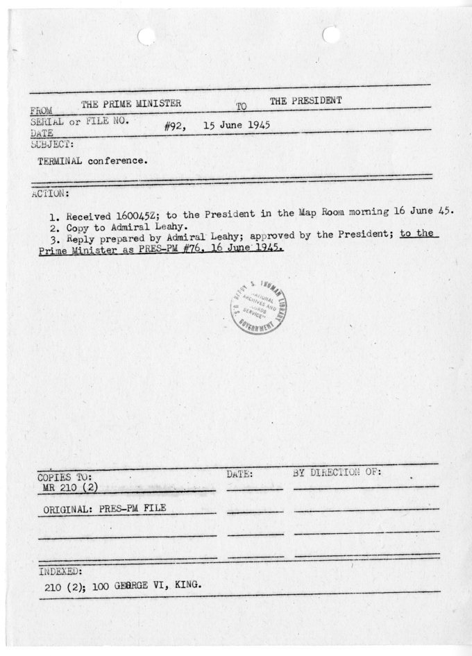 File Memo for Correspondence from Prime Minister Winston Churchill to President Harry S. Truman