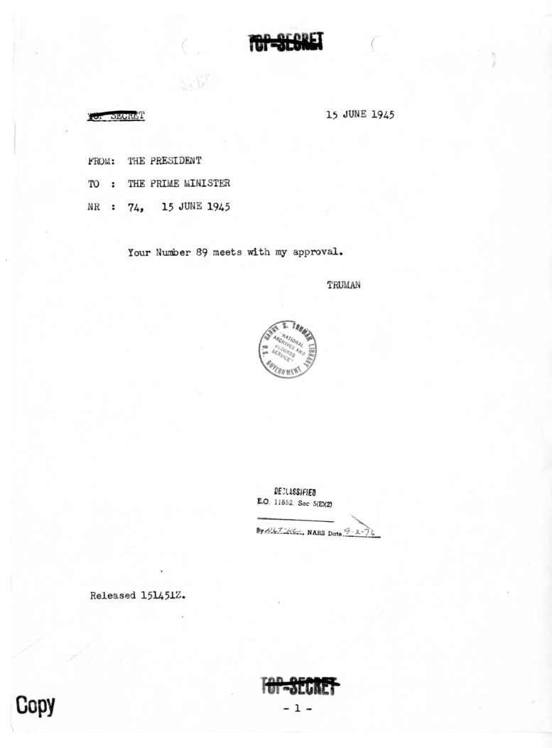 Memo from President Harry S. Truman to Prime Minister Winston Churchill [NR 74]