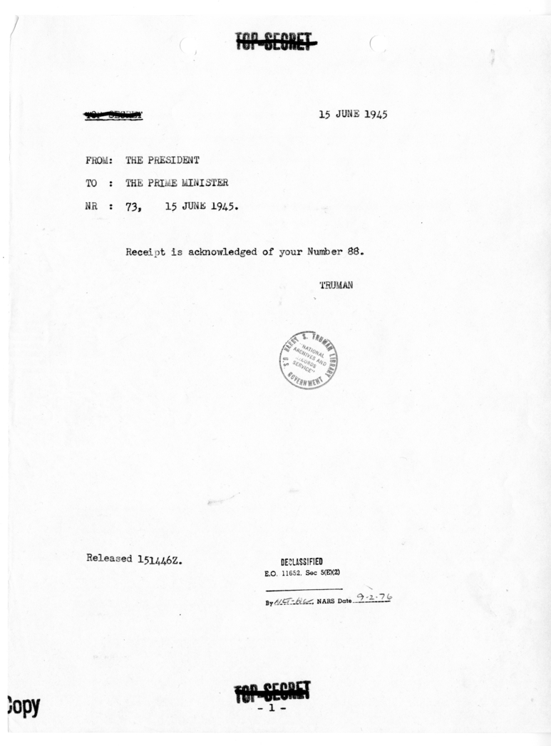 Cable from President Harry S. Truman to Prime Minister Winston Churchill [NR 73]