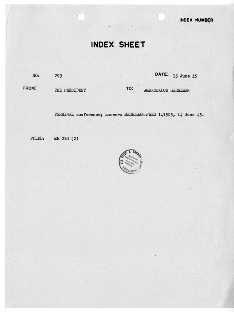 Index Sheet for Cable from President Harry S. Truman to Ambassador W. Averell Harriman