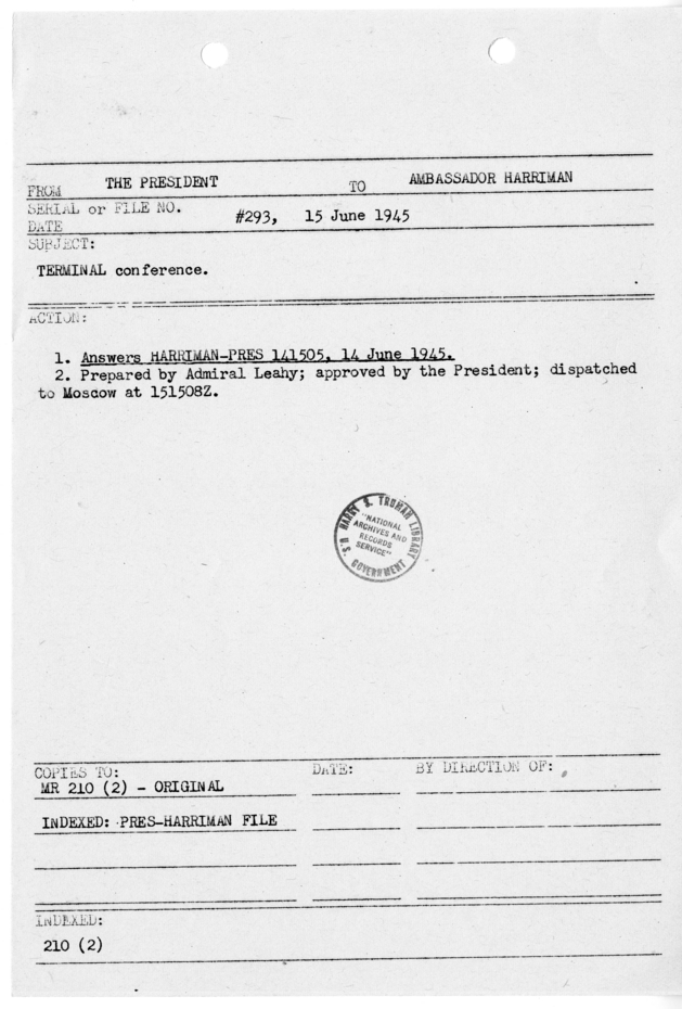 File Memo for Correspondence from President Harry S. Truman to Ambassador W. Averell Harriman