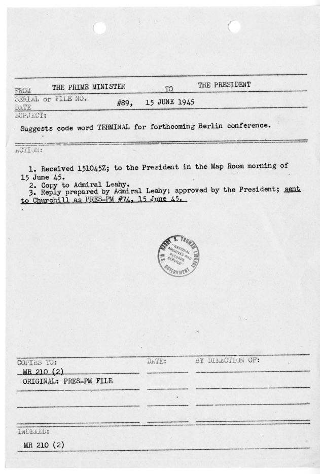 File Memo for Correspondence from Prime Minister Winston Churchill to President Harry S. Truman