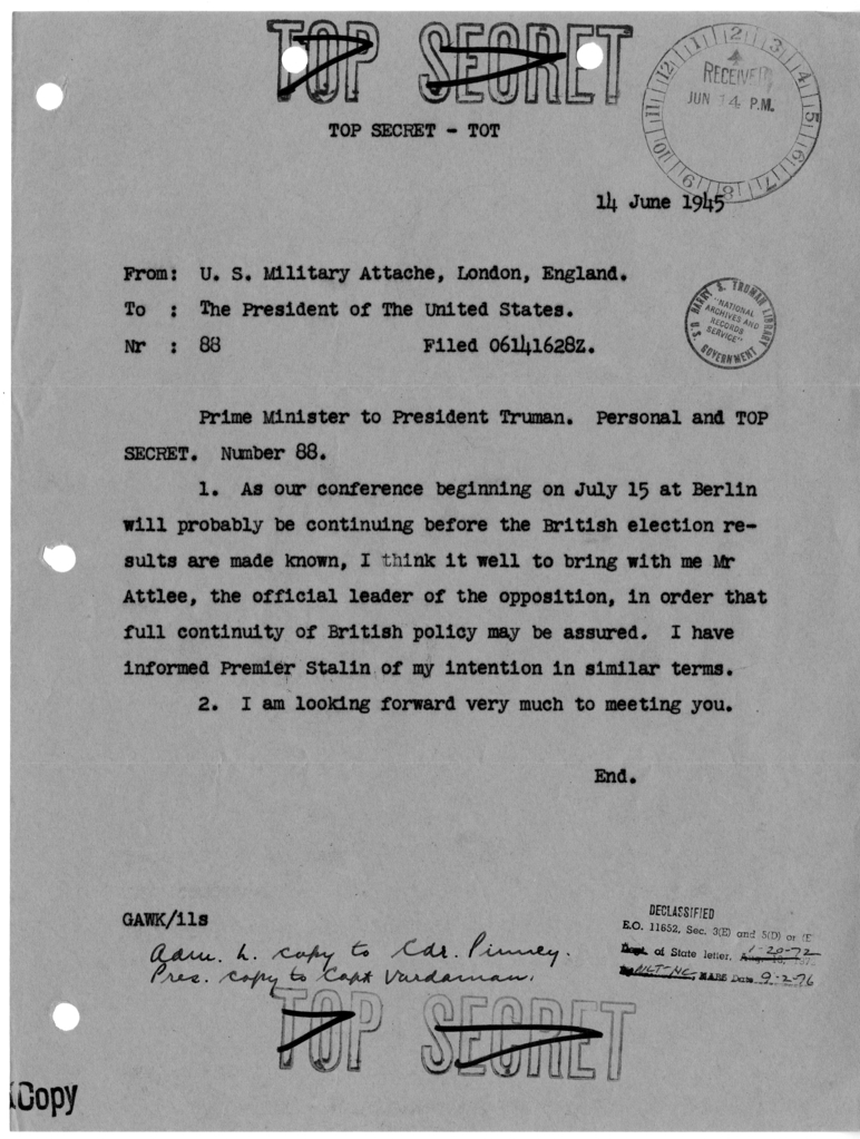Cable from Prime Minister Winston Churchill to President Harry S. Truman