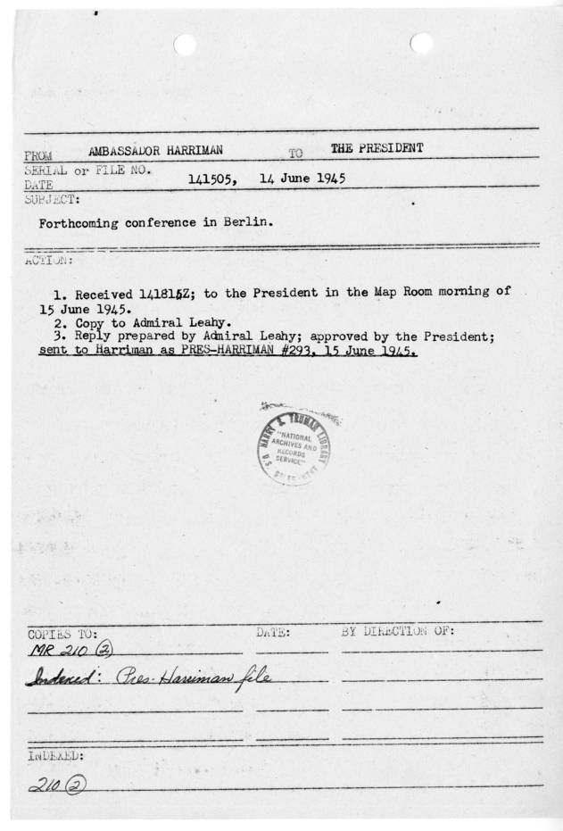 File Memo for Correspondence from Ambassador Averell Harriman to President Harry S. Truman