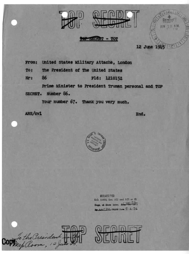 Cable from United States Military Attache in London to President Harry S. Truman [NR 86]