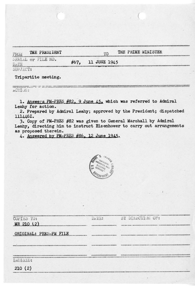 File Memo for Correspondence from President Harry S. Truman to Prime Minister Winston Churchill