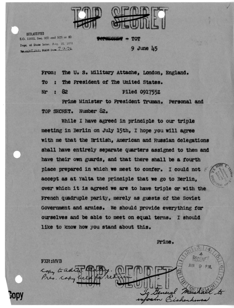 Cable from Prime Minister Winston Churchill to President Harry S. Truman [NR 82]
