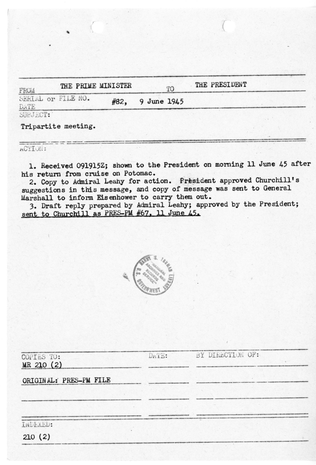 File Memo for Correspondence from Prime Minister Winston Churchill to President Harry S. Truman