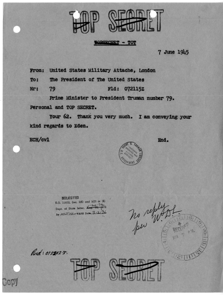 Cable from Prime Minister Winston Churchill to President Harry S. Truman
