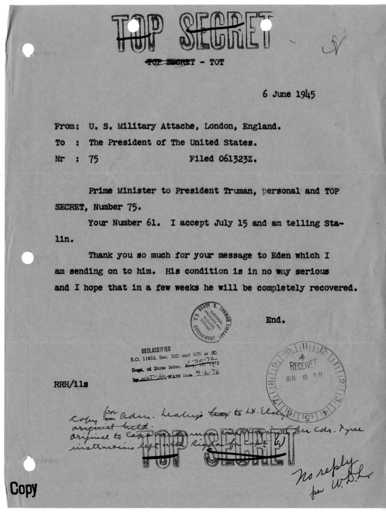 Cable from Prime Minister Winston Churchill to President Harry S. Truman