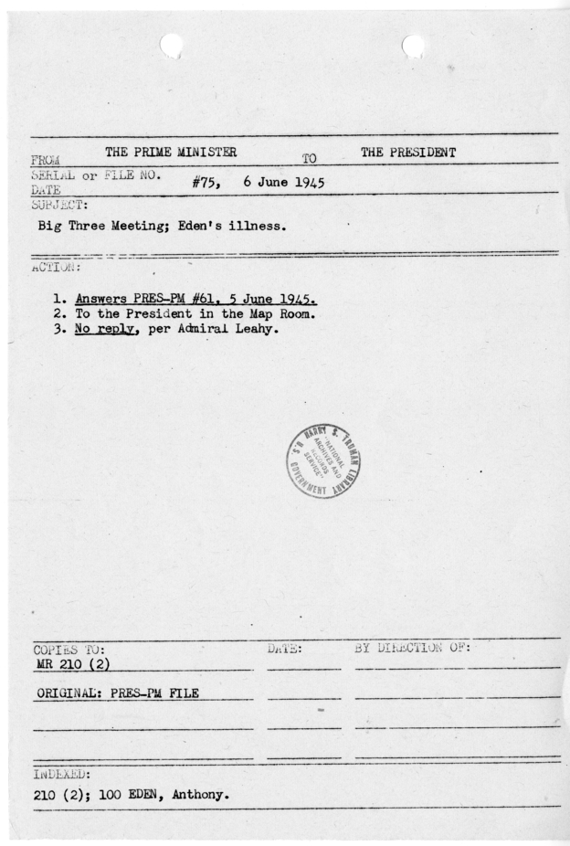 File Memo for Correspondence from Prime Minister Winston Churchill to President Harry S. Truman