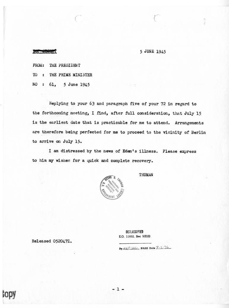 Cable from President Harry S. Truman to Prime Minister Winston Churchill [NR 61]
