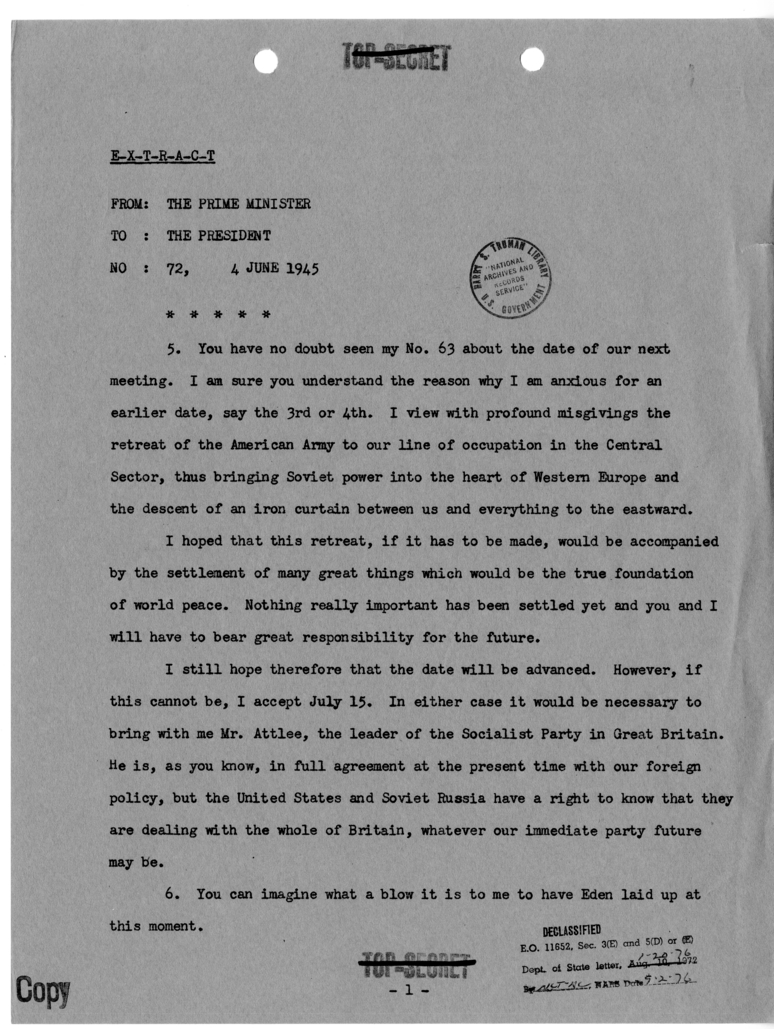 Cable from Prime Minister Winston Churchill to President Harry S. Truman