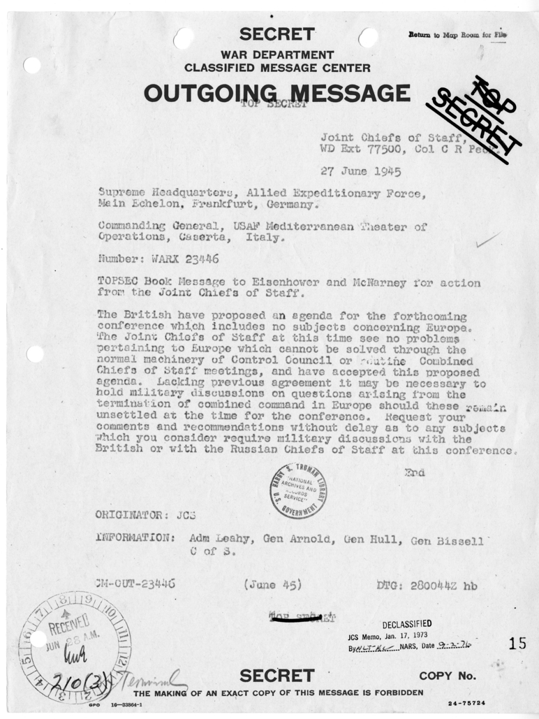 Message from the Joint Chiefs of Staff to General Dwight Eisenhower and General Joseph McNarney