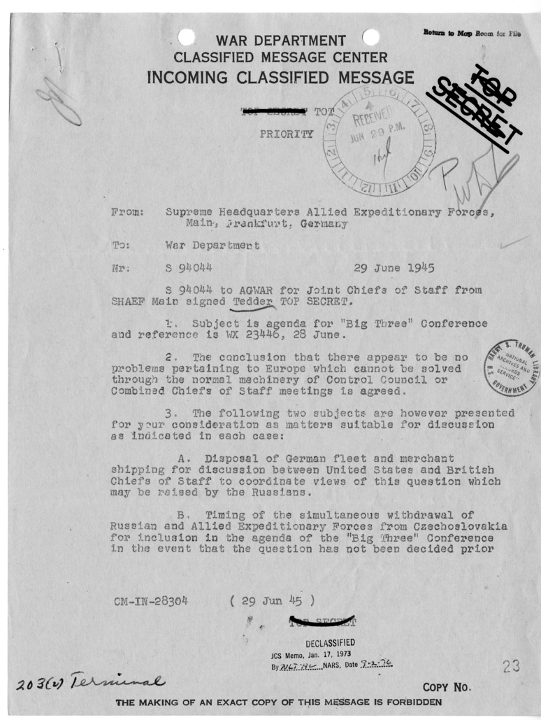 Cable from Supreme Headquarters Allied Expeditionary Force to the War Department