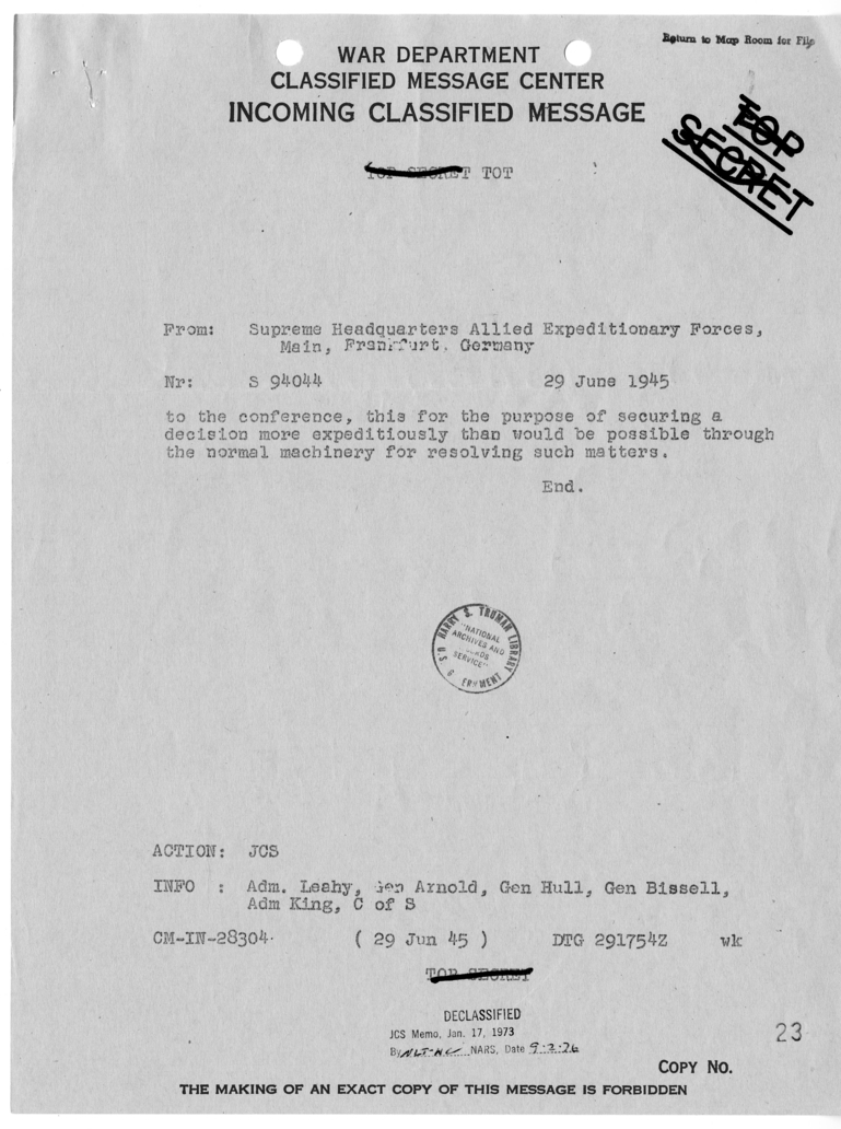 Cable from Supreme Headquarters Allied Expeditionary Force to the War Department