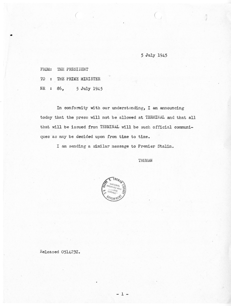Cable from President Harry S. Truman to Prime Minister Winston Churchill [NR 86]
