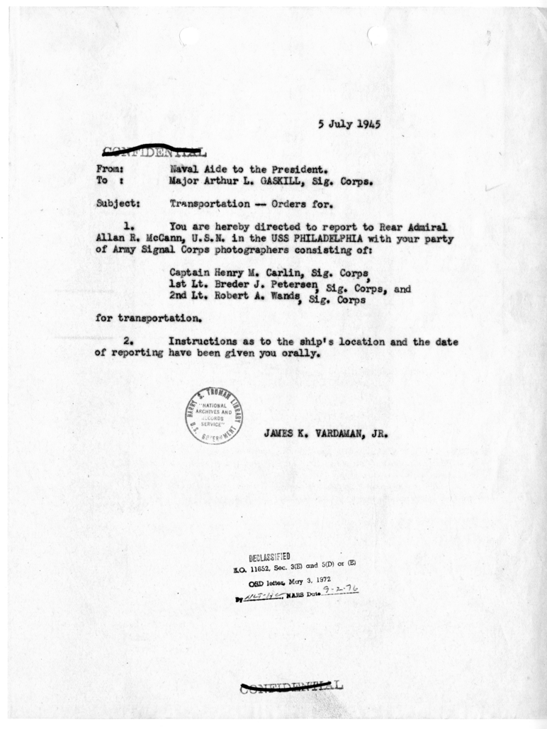 Cable from Captain James Vardaman to Major Arthur L. Gaskill