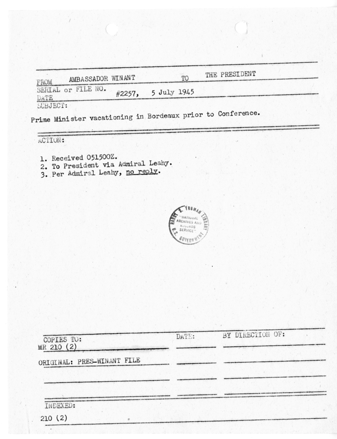 File Memo for Correspondence from Ambassador John Winant to President Harry S. Truman