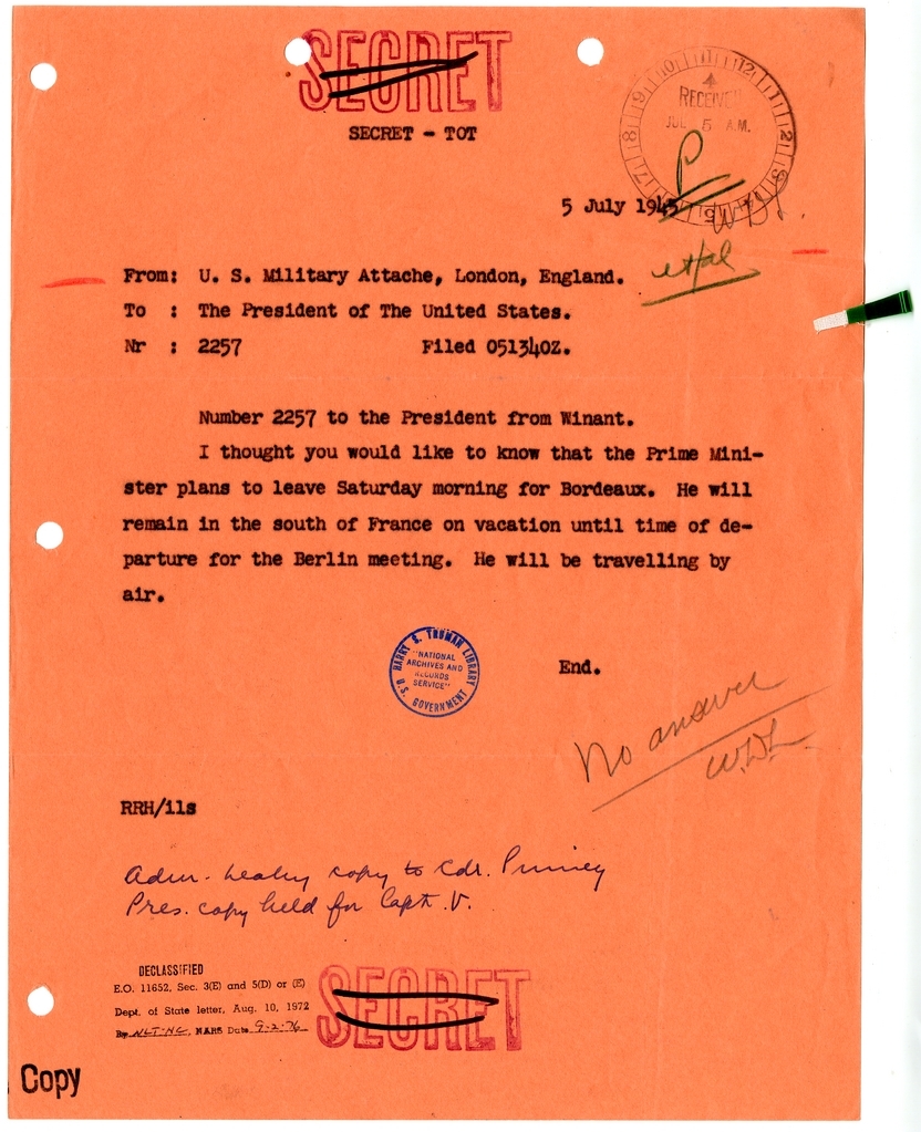 Cable from John Winant to President Harry S. Truman