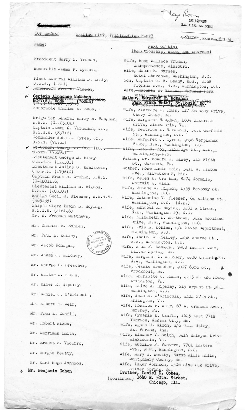 Sailing List, Presidential Party