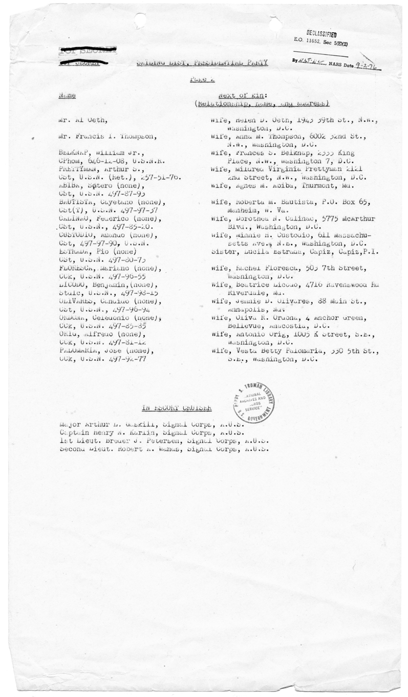 Sailing List, Presidential Party