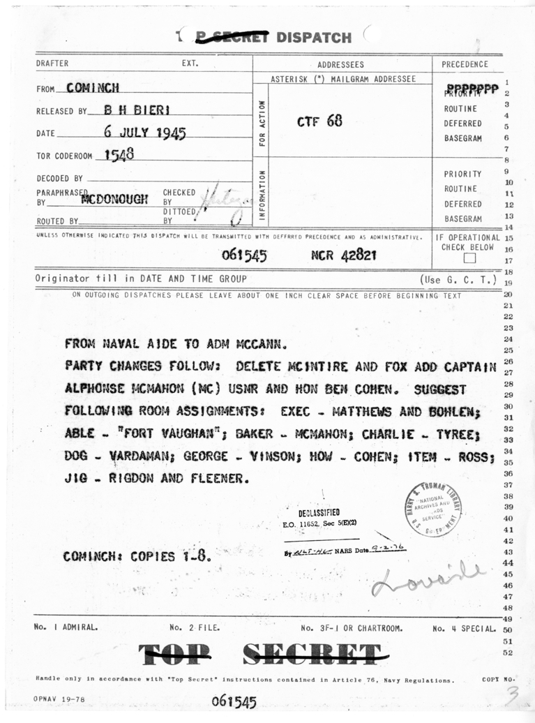 Message from Naval Aide to Admiral McCann
