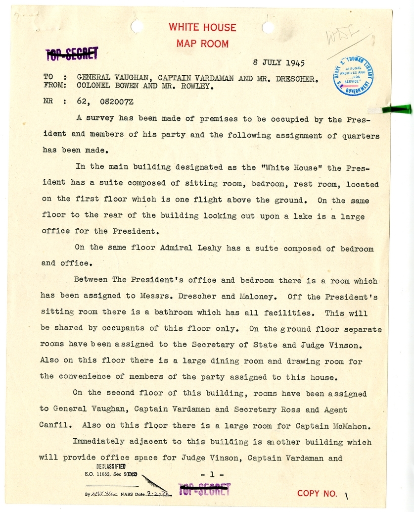 Cable from Colonel Bowen and James Rowley to General Harry Vaughan, Captain James Vardaman, and George Drescher